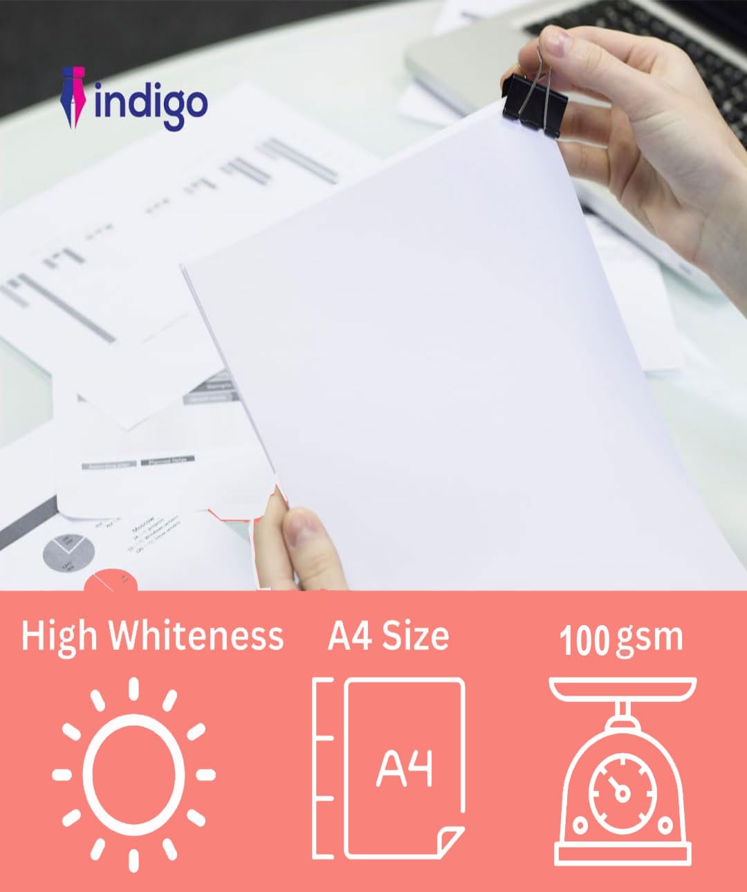 Indigo® A4 Coral White Multipurpose Copier Paper – 100GSM, 50 Sheets | Compatible with Inkjet, Laser & Copier Printers | Smooth Finish for Home, Office & School Use