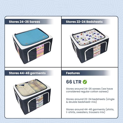 Image of 66 LTR Foldable Steel Frame Cloths Zip Organizer Bag and Oxford Fabric Storage Living Cover Boxes For Wardrobe Shelves Clothes, Sarees, Bed Sheet, Blanket (3-PACK)
