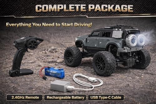 Image of 200+ Feet Range Rechargeable Metal Body Defender RC Rock Crawler Car with Double Mist Spray, LED Headlights, Type-C Port, Off-Road Remote Control Monster Truck Toy for Kids (Black)