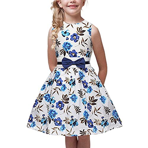 FEPOP Floral Girls Dress Classic Casual Girl Sundresses Vintage Sleeveless Crew Neck Belted Swing Summer Dress for Girls 2-9 Years.