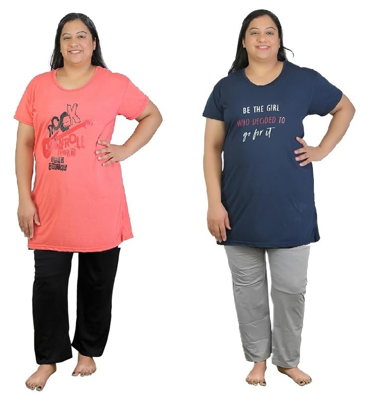 la rainbow Cotton Printed Top and Plain Pyjama Set with Pocket/Women's Cotton Long Length Night Suit Set (Combo of 2)-picture-12