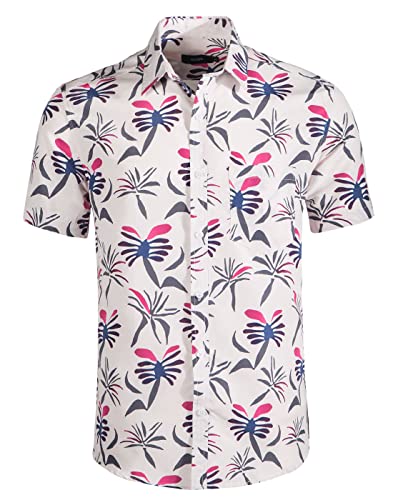 NUTEXROL Men's Button Down Dress Shirts Short Sleeves Novelty Printed Casual Summer Hawaiian Shirt, White, Medium