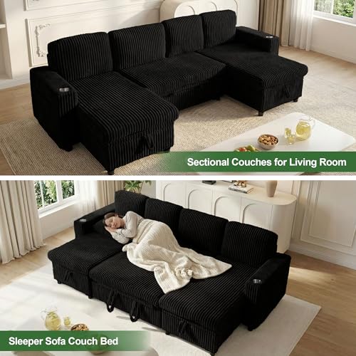 Image of Oversized Sectional Couch, U Shaped Corduroy Couch for Living Room, Sectional Sleeper Sofa with Pull Out Bed, Convertible Sofa Bed for Living Room, Bedroom and Apartment, Black