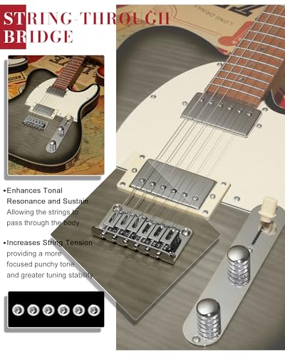 Image of AKLOT Modern TL Electric Guitar: Saddle String-Through Bridge, Locking Tuners, HH Pickup, Coil Split, Rounded End Frets, Roasted Maple Neck & Flame Maple Top, Beginner Guitars Kit with Gig Bag, Black