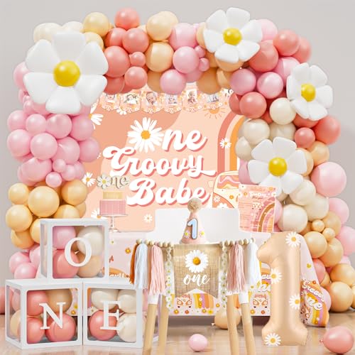 YJDFWAUT Groovy One Party Decorations, One Groovy Baby Birthday Decorations for Girl, Boho Groovy 1st Birthday Party Supplies, Daisy Flower Rainbow First Bday Decor