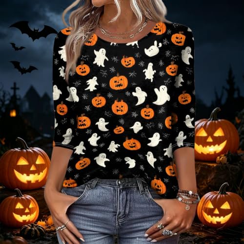 Image of Women Spooky Halloween Graphic Shirt 3 /4 Length Sleeve Crewneck Top | Halloween Funny Printed Pumpkin Plus Size Tshirts 2026 Fall Outfits Skeleton Tee Going Out Tops