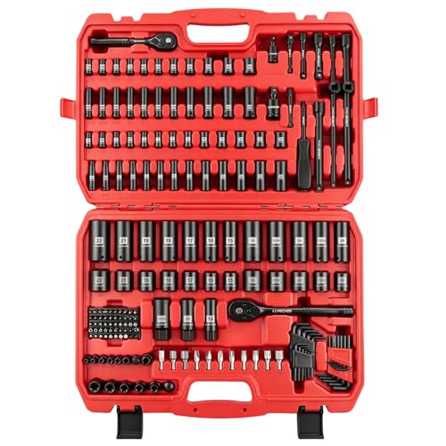 Image of LLNDEI 1 /4 & 3 /8 Inch Drive Impact Socket Set, 186 Pieces Metric and Standard Full Sockets, CR-V Deep & Shallow Sockets Tool Set with Ratchet Wrench Handle, Spark Plug Socket, Bits for Mechanic