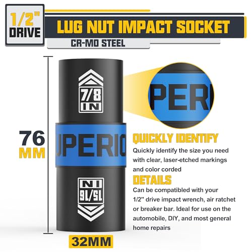 Image of 1 /2 inch Drive Lug Nut Impact Socket, 7 /8 inch x 15 /16 inch Impact Socket, Flip Socket, Thin Wall Nut Socket, Cr-V Steel, Remove Bloated Warped or Damaged Lug Nuts