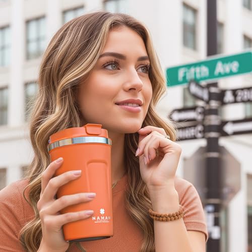 Image of Namah Insulated Coffee Travel Mug 380 ml with Lid, Leak Proof Stainless Steel Thermosteel Vacuum Insulated Mug, Hot & Cold Reusable Coffee Mug for Office, Car Cup Holder Friendly