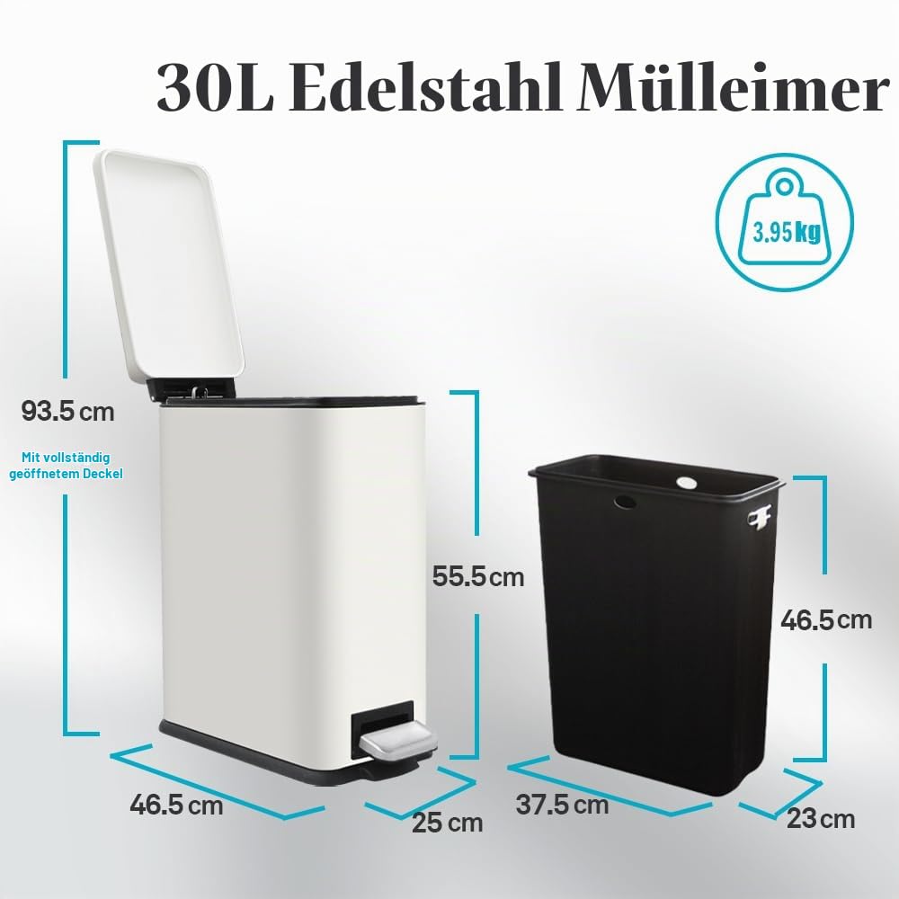 Mülleimer Küche, Rechteckig Tretmülleimer mit Deckel, Weiß | 30 Liter Abfalleimer, Küchenmülleimer, mit Softclose-Deckel, Inneneimer, Geruchsdicht, Schmal Treteimer für Küche, Bad, Büro