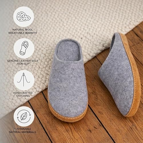 Image of Wool Felt Mule Slippers for Women & Men, Handmade 100% Natural Wool Backless House Shoes with Premium Suede Sole, Warm Breathable Indoor Slip-On