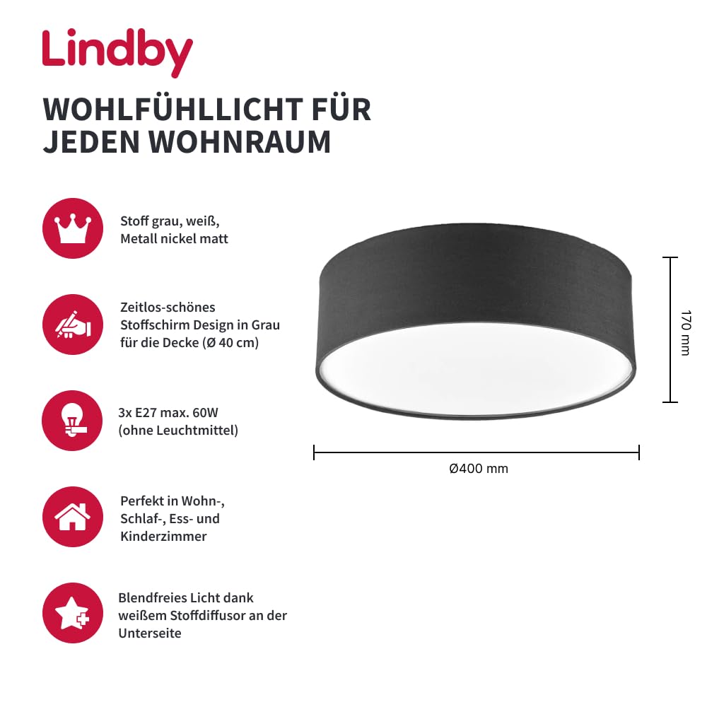 Lindby LED Textil Deckenleuchte rund 40 cm, Deckenlampe Stoff grau 3xE27 max. 60W ohne Leuchtmittel Wohnzimmerleuchte