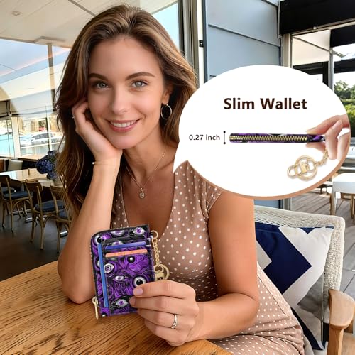 Image of GIANCOMICS Slim Wallet Credit Card Holder Women, Evil Eye Rfid Blocking Small Card Case, Keychain Thin Pocket Curved Zipper Wallet, Travel Card Holder PU Leather ID Window, Ladies Female Gifts