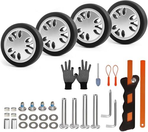 Luggage Wheels Replacement Set Diameter 2in/51mm Thickness0.59in/15mm Suitcase Rubber Inline Wheel Fit 6mm&8mm Shaft Slot wIth Full Set Repair Tool for 20-24in Suitcase Trolley Bag Drawbar Travel Box