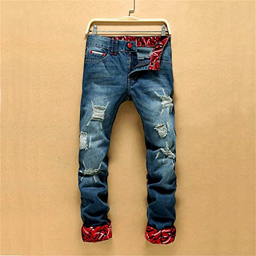 Men's Ripped Slim Fit Cozy Jeans Printed Pattern Biker Denim Pants Street Performance Classic Contrast Jean Trousers (Blue,38)2