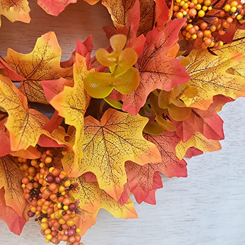16 Inch Small Orange Pumpkins Maple Leaves Fall Wreaths for Front Door (Yellow) - image 6