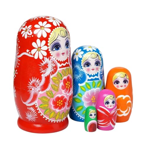 Muñecas rusas de madera 5 piezas artesanales infantiles y adornos florales para estante 11 cm