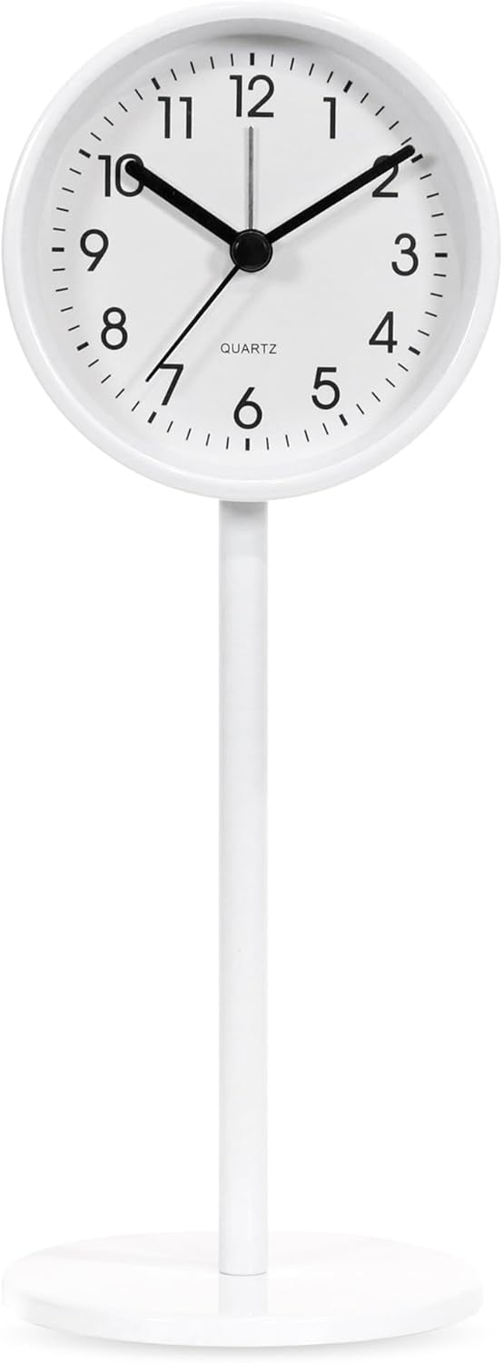 QIYAODECO® 3.2" Analog Alarm Clock,Small Retro Desk Clock Battery Operated,Slient Metal Table Clock with Light for Living Room Decor,Bedroom,Bedside,Shelf (White)