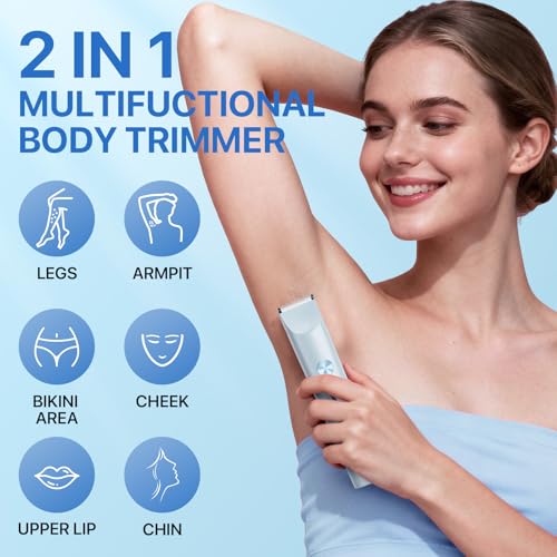 Image of Bikini Trimmer for Women, Rechargeable 2-in-1 Electric Razor for Shower& Travel, IPX7 Waterproof Painless Hair Removal for Bikini Line, Legs, Underarms, Wet & Dry Hypoallergenic Ceramic Blade, Blue