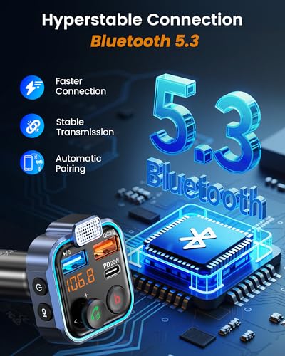 LENCENT FM Transmitter in-Car Adapter, Type-C PD 20W+ QC3.0 Fast USB Charger, Wireless Bluetooth 5.3 Radio Car Kit, Hands-Free Calling, MP3 Player Receiver Hi Fi Bass, Support U Disk