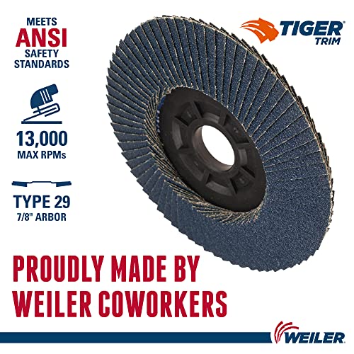 Image of Weiler 50002 Tiger 7 /8 inch Arbor, 4-1 /2 inch Diameter, 40 Grit, Zirconium, Trimmable Composite Backing, Angled Abrasive Flap Disc