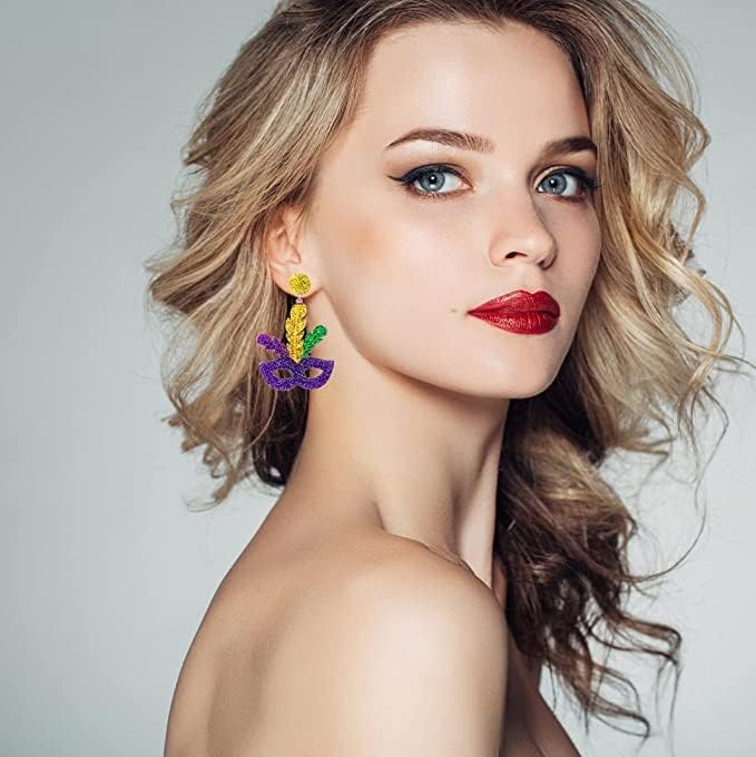 MardiGras Dangle Earrings for Women, Carnival Theme Mask Lips Hat Lobster Modelling Earrings for Girls, MardiGras Acrylic Earring for Holiday Gifts - Image 3