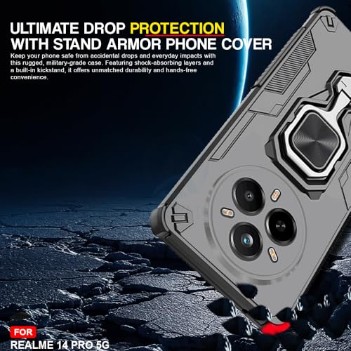 Image of AESTMO Armor Back Cover for Realme 14 Pro 5G | Ring Holder & Kickstand & Camera Protection in-Built | 360 Degree Protection Back Case Cover (Black)