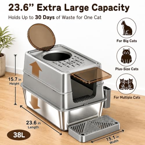 Arenero para gatos de acero inoxidable XL con tapa cubierta miniatura 3