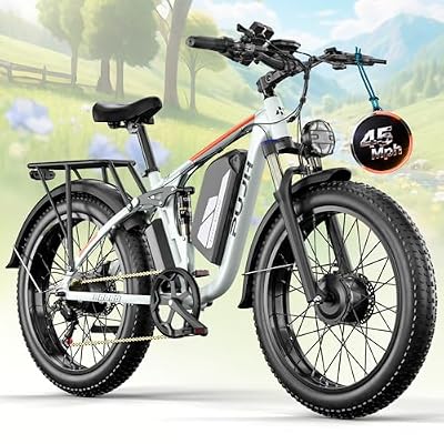 PUJH 6000W Dual Motor Ebike for Adults, 60V 20Ah Fast Electric Bike,Up to 110 Miles,24" Fat Tire Full Suspension Electric Bike for Snow Off-Road Commuter Mountain E-Bike for Men Women (White)