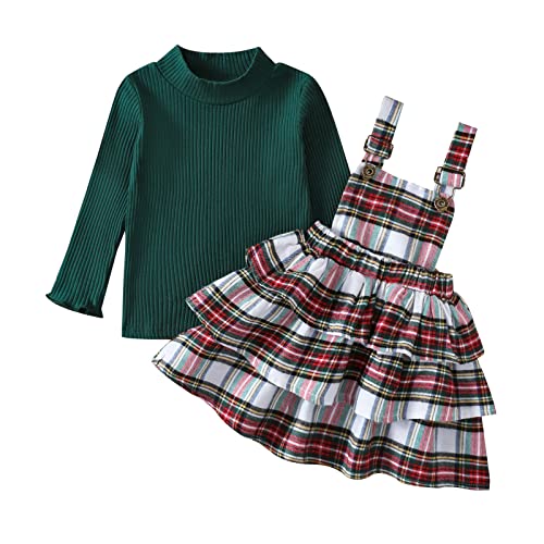 Toddler Baby Girls Christmas Outfits Set Long Sleeve Ribbed Knit Tops Plaid Suspender Skirt Infant Fall Winter Clothes (Christmas Green, 2-3 Years)