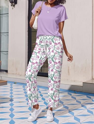 Image of Ekouaer 2 Pack Pajamas for Women Set Short Sleeve Pj Top and Printed Pants | Soft PJs Cozy Printed Lounge Sets Comfy Sleepwear with Pockets