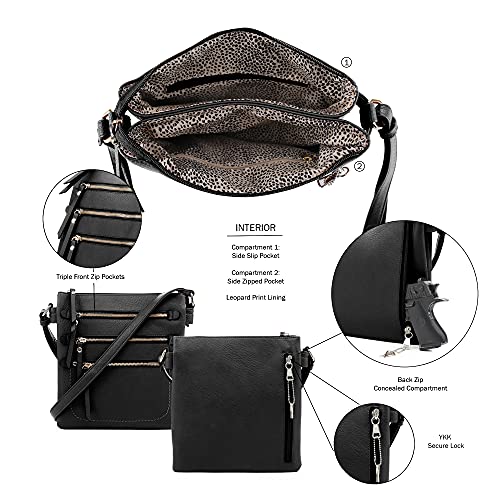 JESSIE & JAMES Double Compartment Multi-Zipper Triple Zip Pockets Concealed Carry Crossbody Bag with Lock and Key4