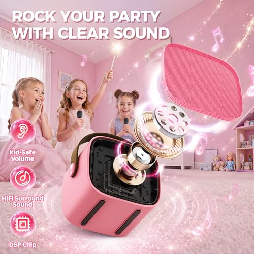 Image of YLL Karaoke Machine for Kids, Portable Mini Speaker with 2 Wireless Microphones, Trendy Toys Birthday Gifts for Girls Ages 3, 4, 5, 6, 7, 8, 9, 10+ Years Old Toddler Singing Family Home Party (Rose)