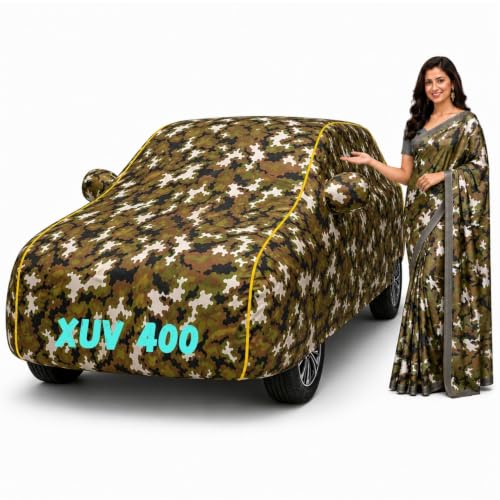Image of Waterproof Car Body Cover for XUV 400 All Weather Protection Comes with Inner Cotton Lining & Triple Stitched with Mirror & Antenna Pocket Belt & Elastic Fit Army with Yellow Piping