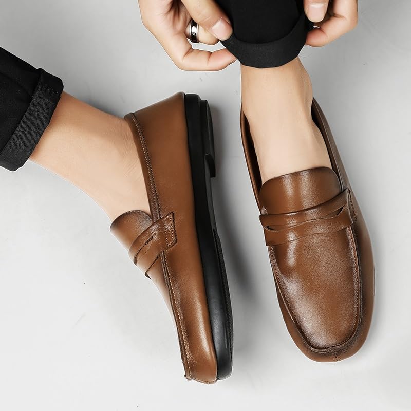 Mens Loafers Shoe Round Toe Split Toe Solid Color Leather Penny Loafers Comfortable Lightweight Flexible Classic Party Slip-ons3