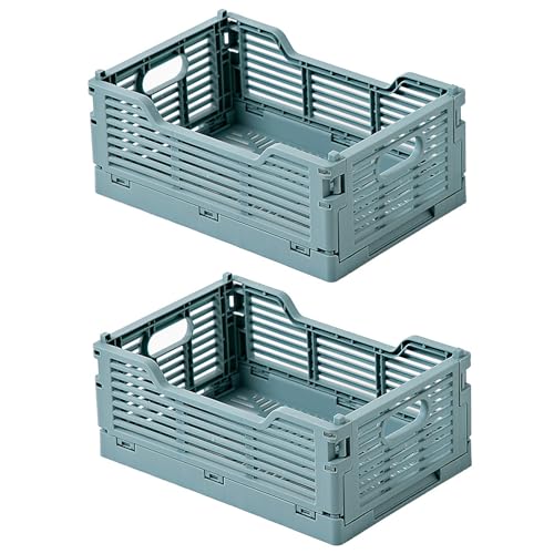 Spesh 2 Pcs Collapsible Storage Crates Stackable Folding Crates Storage Boxes Plastic Foldable Baskets for Office Home(Blue 22*15*9cm)