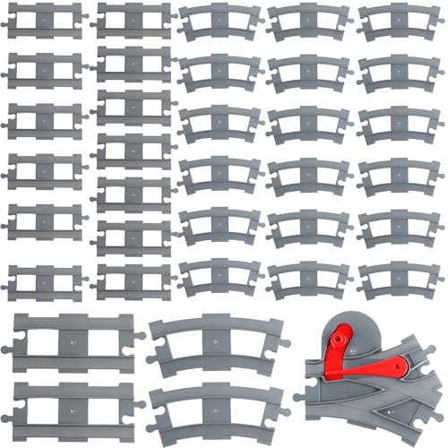 Hoarost 37 Pcs Plastic Train Tracks with 15 Straight Tracks 20 Curved Tracks and 2 Switches Tracks for Railway Track Expansion Accessories