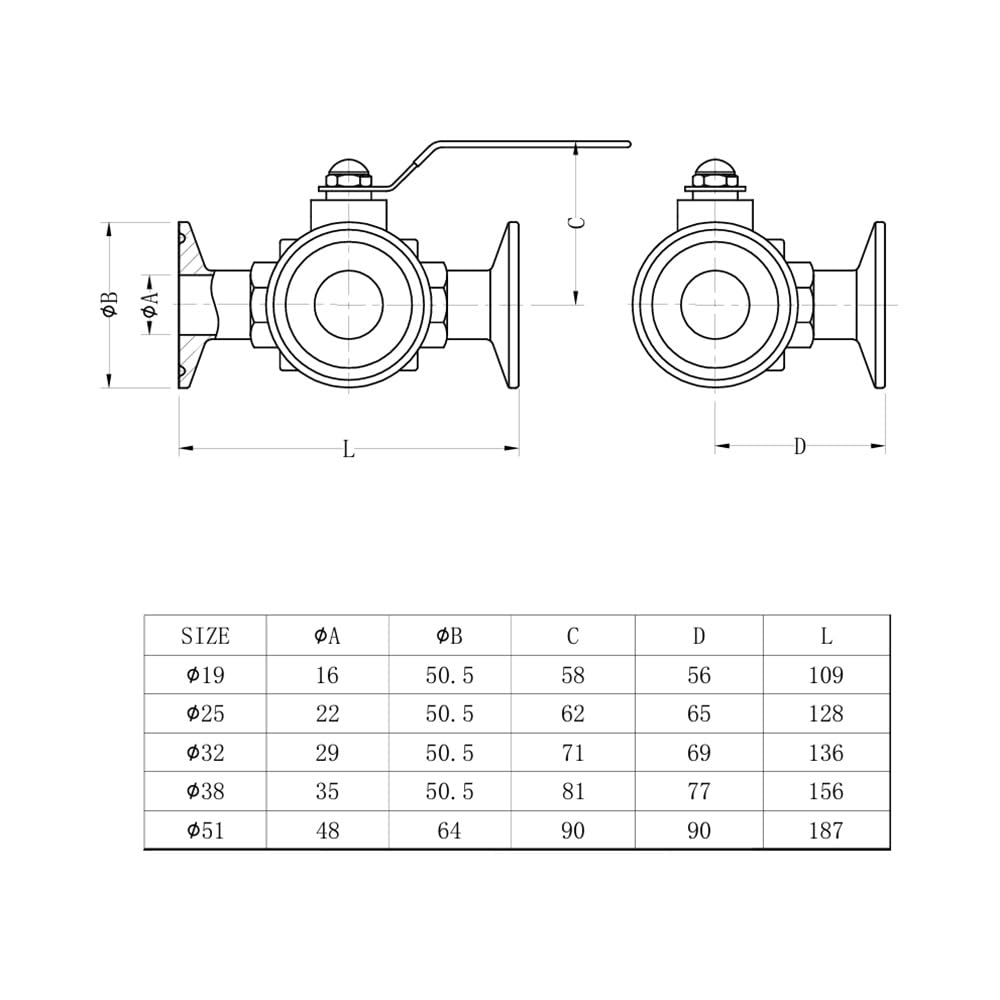 Trójdrożny Sanitarny Zawór Kulowy, Stal Nierdzewna SS304, Obsługa Ręczna Typu T/L, Tuleja Tri Clamp 50,5/64/77,5/91/119 Mm, 1 Szt.(T type,32mm x Ferrule 50.5)