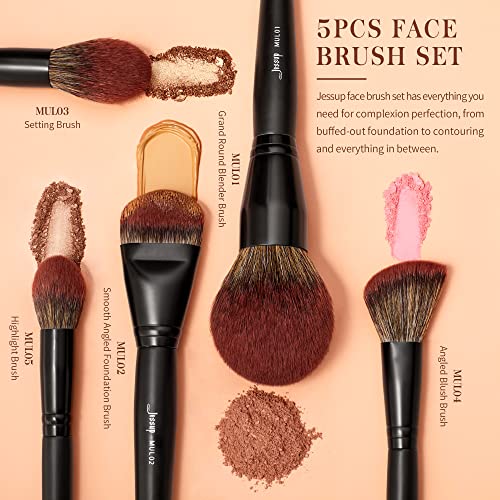 Jessup Large Face Makeup Brushes 5Pcs, Premium Synthetic Foundation Powder Contour Blusher Highlighter Brush, Phantom Black T273 #TOP1