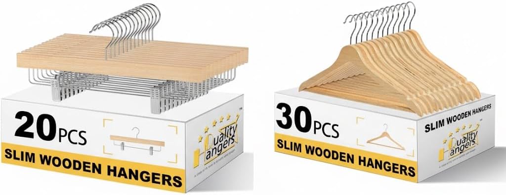 Quality Hangers Bundle – 30 Plywood Coat Hangers + 20 Plywood Pants Hangers - Natural Finish Slim & Space-Saving Bundle