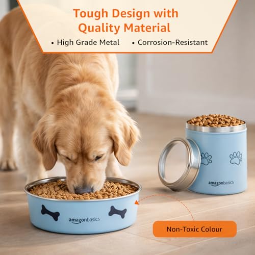 Image of Amazon Basics Stainless Steel Pet Feeding Bowls for Dog & Cats | 3 Pcs Set | Anti Slip Base | Canister & Heavy Dish Outside Blue Color with Printing | Canister 1000 ml & Heavy Dish 900 ml & 1800 ml