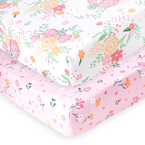 Image of PHF Soft Crib Sheet Fitted, 2 Pack Baby Sheets for Boys Girls, 28x52x9in Fits Standard Crib and Toddler Mattresses, Silky Comfy Breathable Polyester Baby Mattress Sheets, Rose Floral