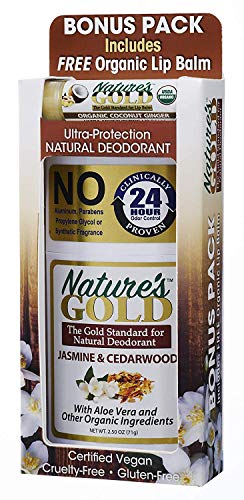 Nature's Gold Natural Hypoallergenic Aluminum-Free Deodorant for Men & Women with Free Organic Lip Balm! Contains Aloe Vera. Safe for Sensitive Skin. Won't Stain Clothes! Heavenly Jasmine & Cedarwood.