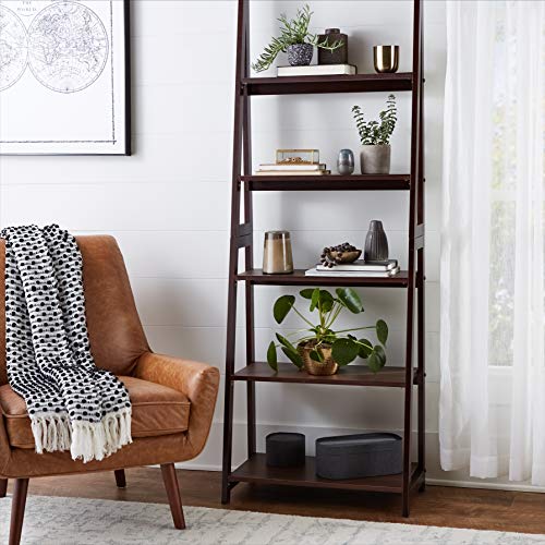 Amazon Basics 5-Tier Ladder Bookshelf Storage Organizer, Tall Bookcase for Small Space, Solid Rubberwood Frame, Modern Display Shelf, Espresso Finish, 14" D x 24.8" W x 70.1" H view 2