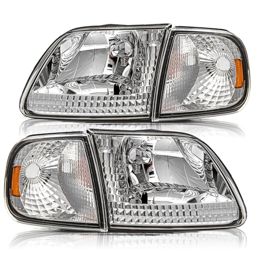 Aosky Headlight Assembly Compatible for 1997-2003 F150 / 2004 F150 Heritage / 1997-2002 Expedition / 1997-1999 F250 Headlamp with Corner Lights 4pcs Chrome Housing with Amber Reflector
