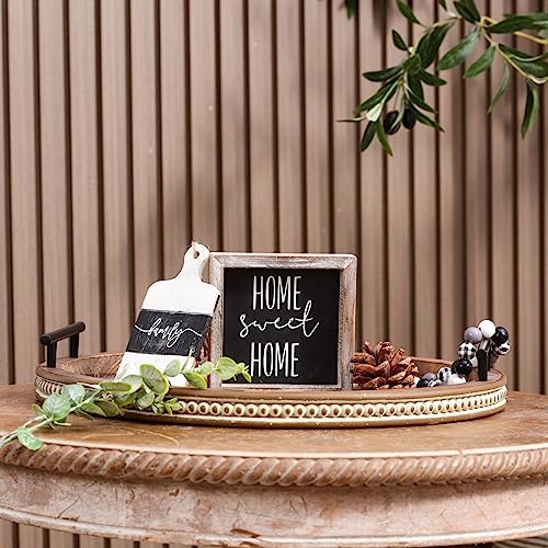 FESTWIND Coffee Table Tray, Wooden Tray with Handles, Beaded Round Decorative Trays for Home Decor Kitchen Counter Living Dinning Room Countertop Display