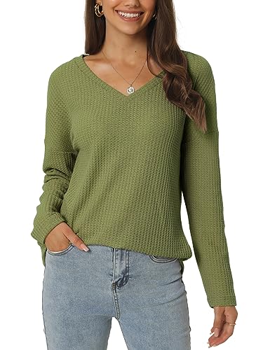 Seta T Women's Waffle Knit Tops V Neck Long Sleeve Shirts Casual
