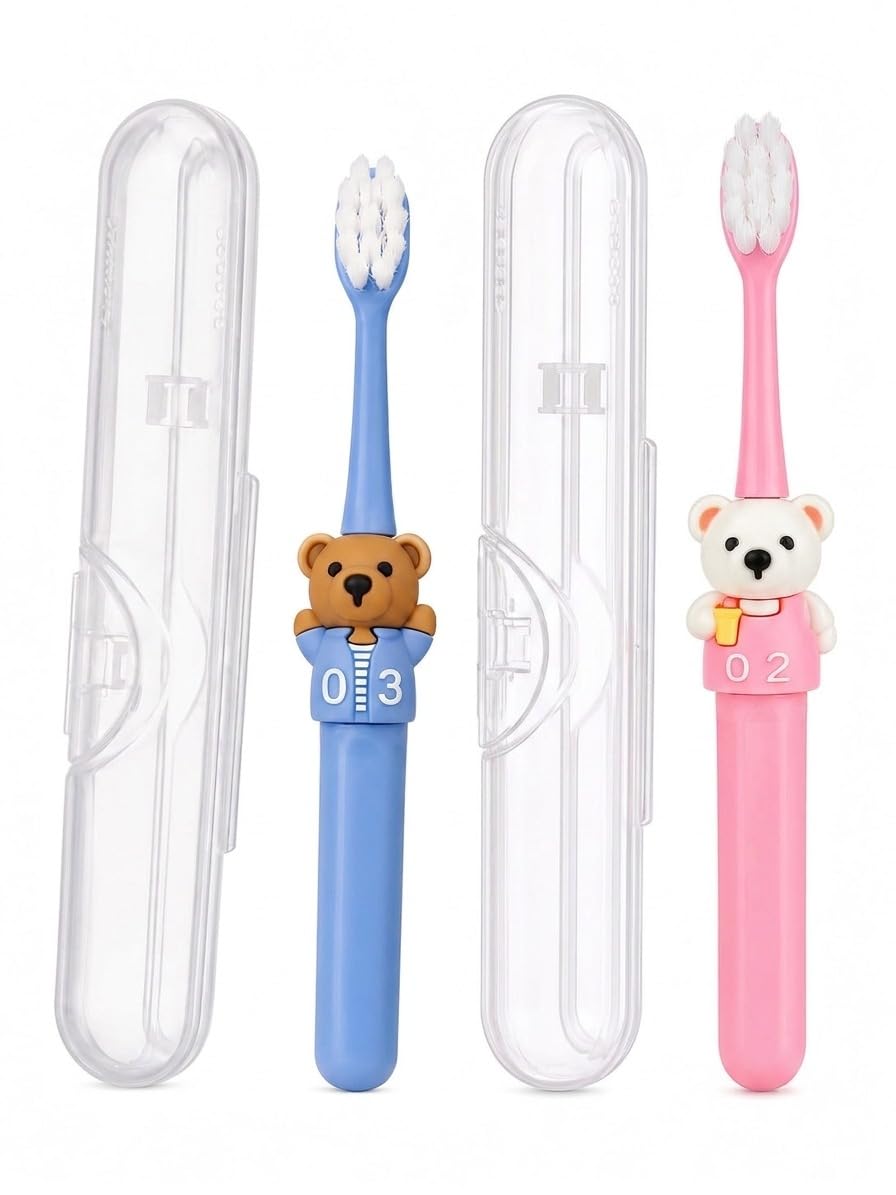 Kids Toothbrush Ultra Soft Bristles Baby Toothbrush Teddy Bear Cartoon Tooth Brush for Kids, Toddlers & Children BPA Free Manual Toothbrush (Purple& Pink)-image-0