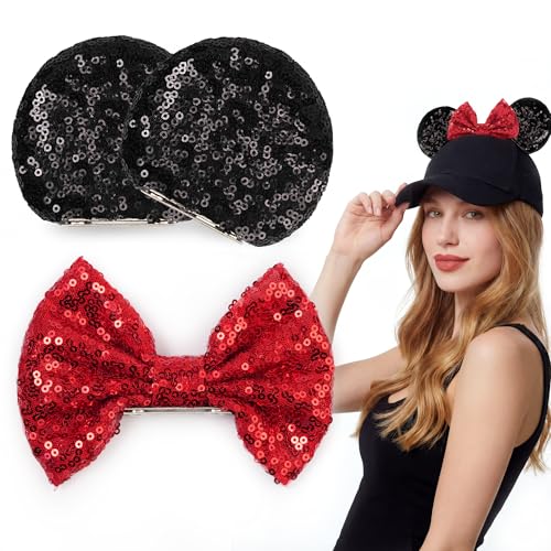 zhezesmila Magnetic Mouse Ears with Magnetic Bows for Cap Hat Beret Bucket Hat - 3.5 Clip Mouse Ears Cap Accessories for Holiday Outfits Party Costume