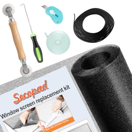 Secopad Window Screen Repair Kit 39 x 78 Screen Door Mesh Replacement Kit Durable Fiberglass Roll with Tools for Windows Doors Patio and Porch Replacement Black
